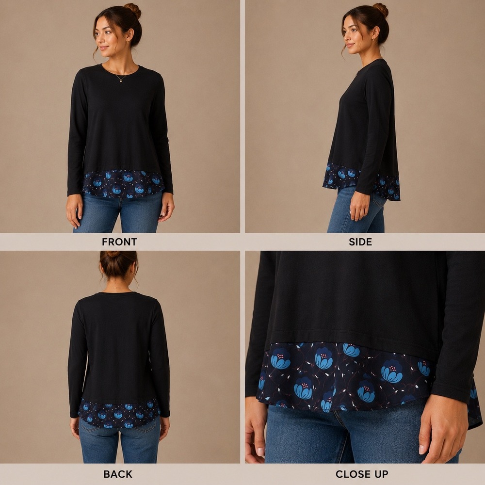 LOFT Navy Blue Mixed Media Floral Split Back Long Sleeve Top Womens XS